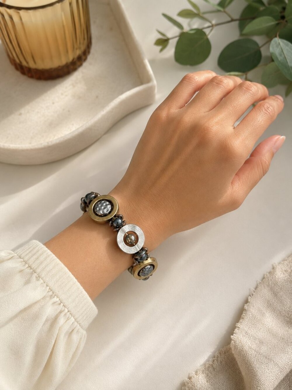 Artisan Modernist Stretch Bracelet Mixed Metal Hammered Statement Jewelry